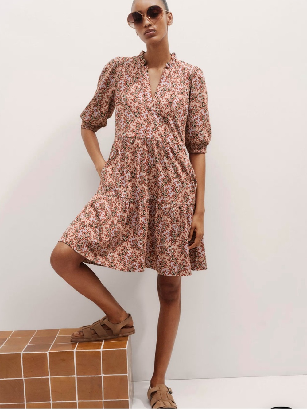ME + EM Climbing Buds Print Short Tiered Slub Dress sz 6